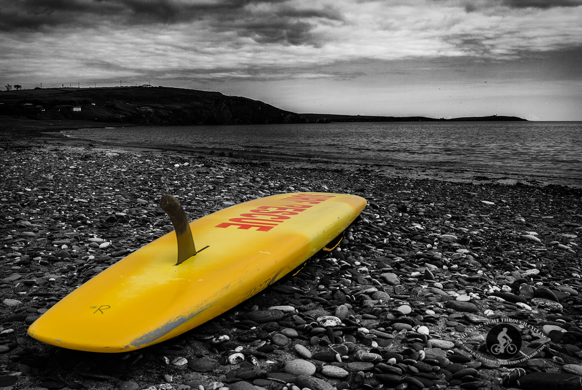 Surf Rescue board on Owenahincha Beach County Cork - BW - angled - selective color