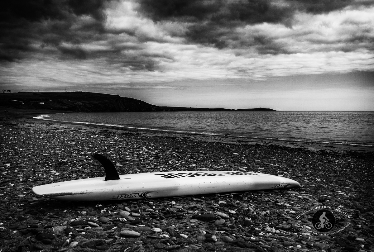 Surf Rescue board on Owenahincha Beach County Cork - BW