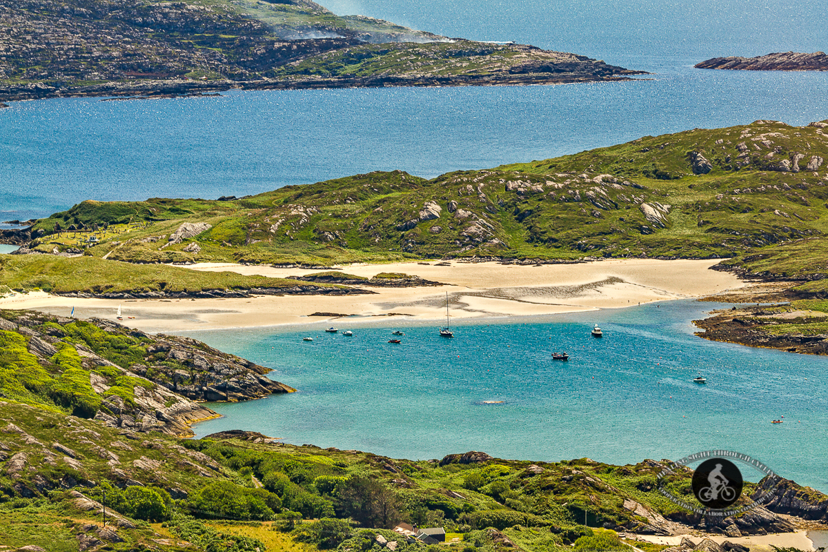 View of boats in a bay from Cliffs on Ring of Kerry - closer