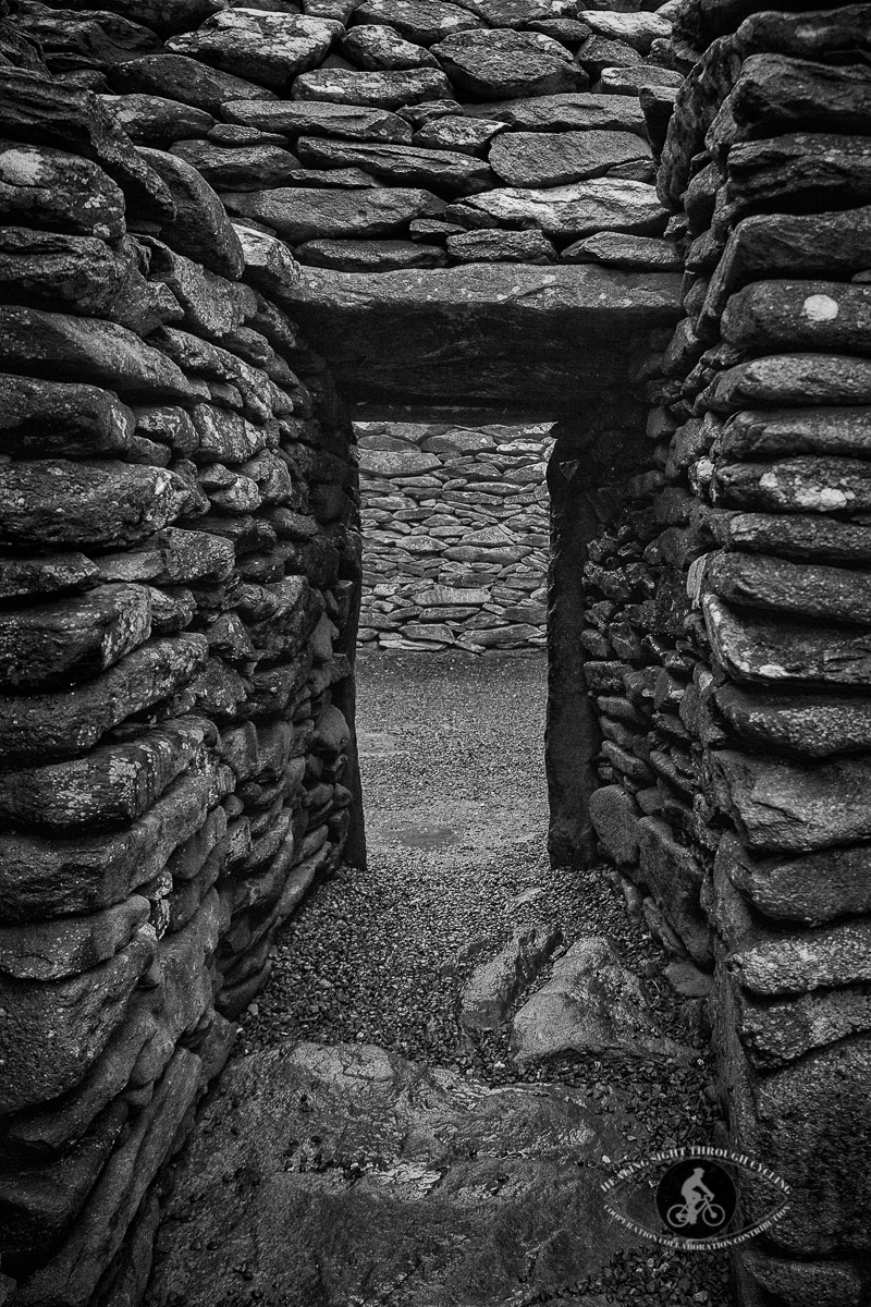 Prehistoric Beehive Huts Fahan Goup 2000 BCE - entrance to hut - BW