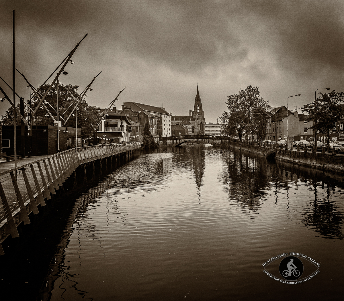 Saint Fin Barres Cathedral over the River Lee - Cork City - Cork County - longer view - Sepia